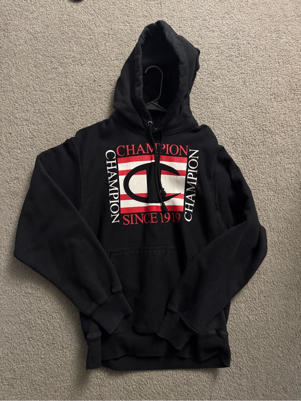 Champion Black Hoodie with Red & White Graphic